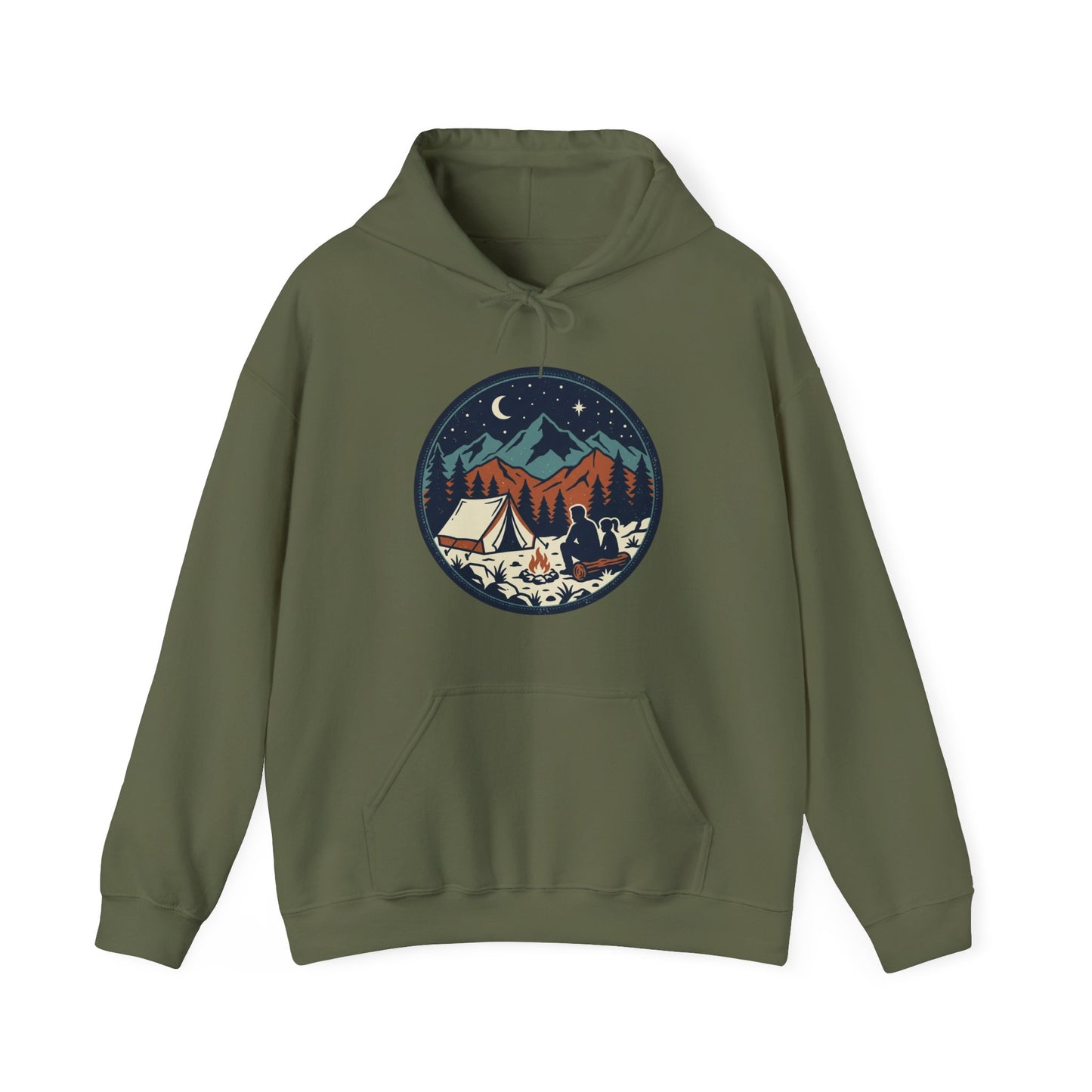 Camping Night Hoodie – Mountain Tent & Campfire Graphic Sweatshirt