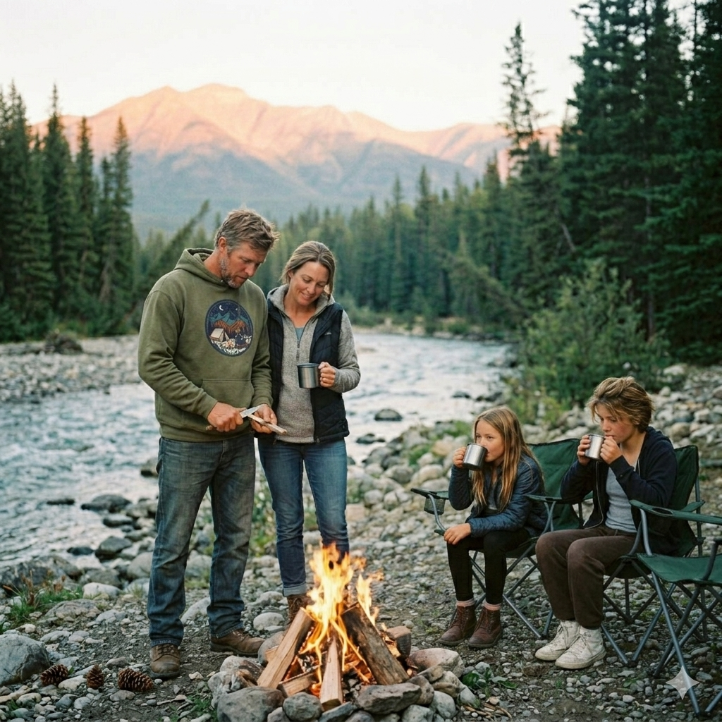 Camping Night Hoodie – Mountain Tent & Campfire Graphic Sweatshirt
