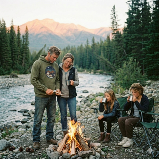 Camping Night Hoodie – Mountain Tent & Campfire Graphic Sweatshirt