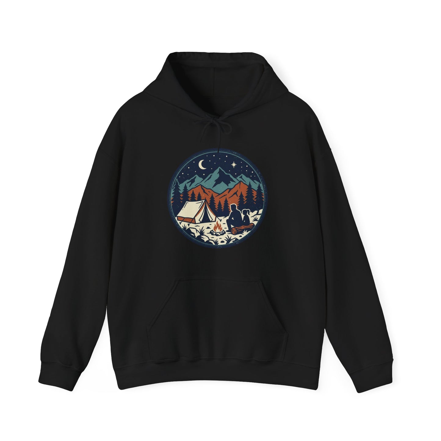 Camping Night Hoodie – Mountain Tent & Campfire Graphic Sweatshirt